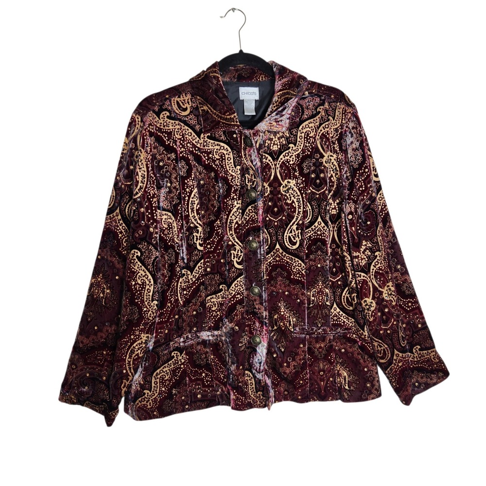Chicos Silk Blend Velvet Paisley Sequin Jacket Burgundy Gold Size 3 Large XL
